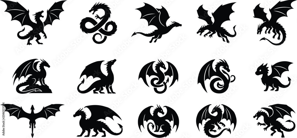 Fototapeta premium Black silhouette dragon icons depicting fantasy creatures in various poses isolated on a white background.