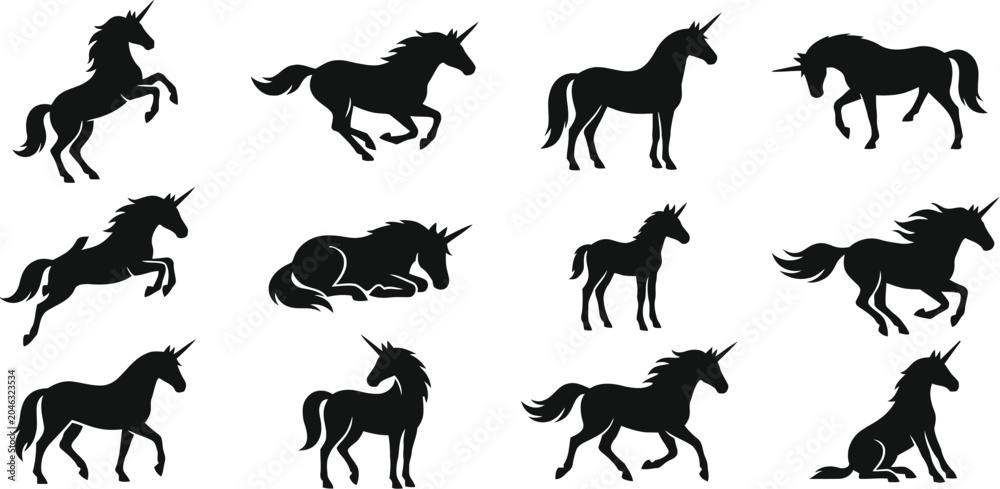 Obraz premium Black silhouette collection of mythical unicorns in various dynamic poses isolated on white background.