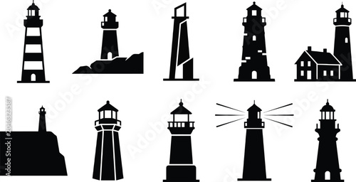 Set of black lighthouse silhouettes isolated on a white background for nautical design and map elements.