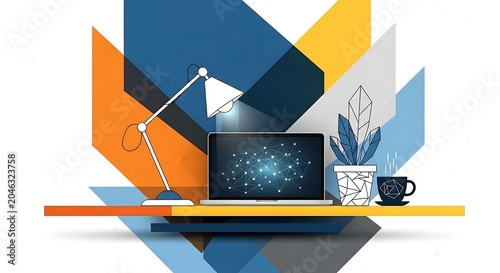 Modern office desk with laptop and stationery items.