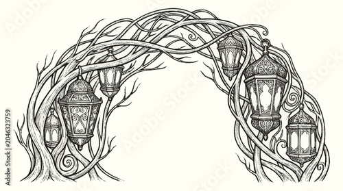 Obraz na płótnie Enchanted Forest Archway with Hanging Lanterns and Twisting Branches