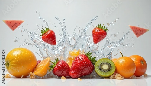 Fresh Tropical Fruits Splashing In Clear Blue Water On White