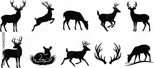 Εκτύπωση καμβά Set of deer silhouettes in various standing and running poses isolated on a plain white background