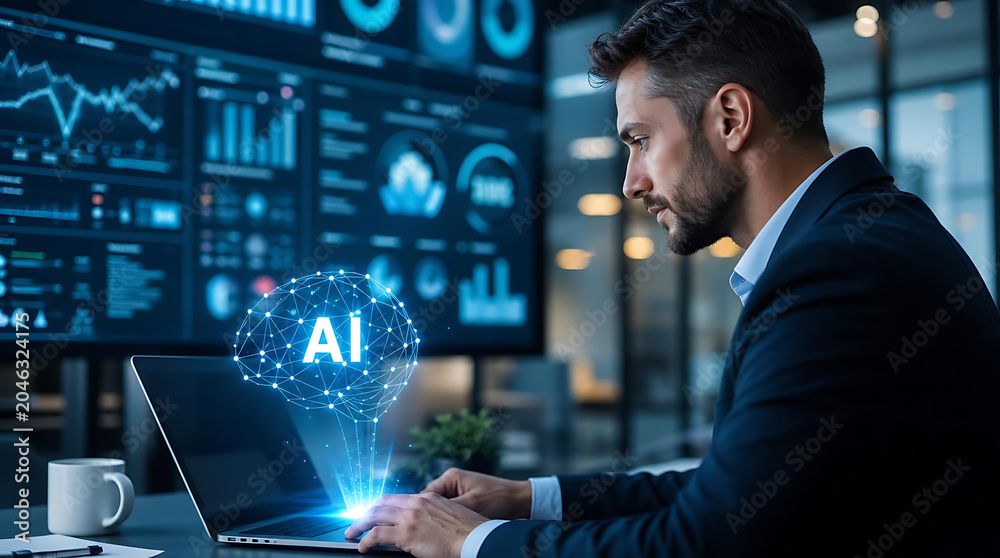 Fototapeta premium Businessman analyzing financial data with artificial intelligence visualization on laptop screen and large display