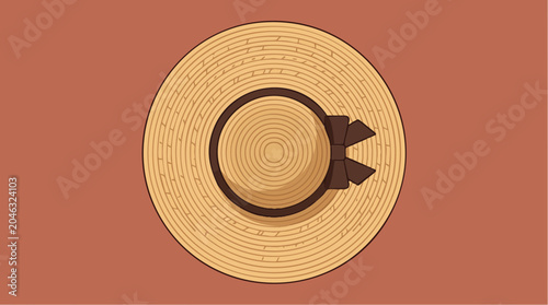 Top View of a Wide Brimmed Straw Sun Hat with Brown Ribbon