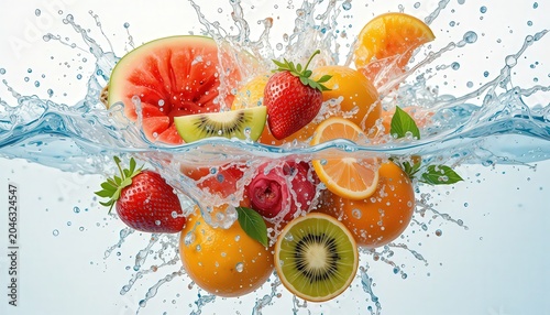 Fresh Tropical Fruits Splashing In Clear Blue Water On White