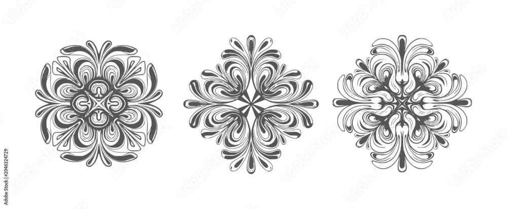 Fototapeta premium Three symmetrical dark grey floral ornaments white