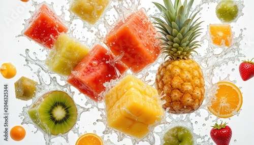 Fresh Tropical Fruits Splashing In Clear Blue Water On White