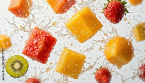 Fresh Tropical Fruits Splashing In Clear Blue Water On White