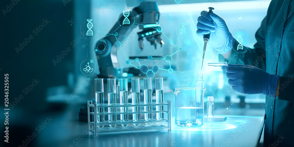 Fototapeta premium Modern science laboratory with futuristic holographic displays and equipment.