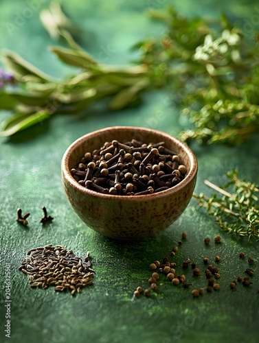 Photo of spices and fresh herbs arranged with cloves in a white bowl for cooking