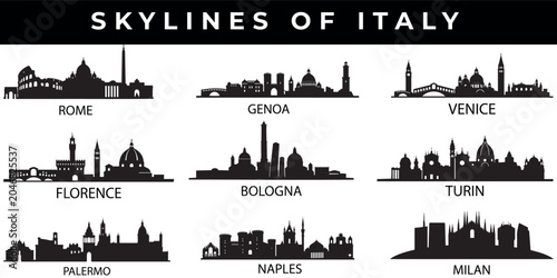 Collection of iconic Italian city skylines including Rome Florence Venice and Milan in a clean vector silhouette for travel and design