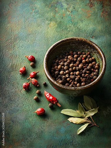 Photo of spices and fresh herbs arranged with cloves in a white bowl for cooking