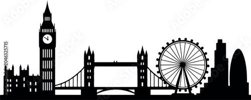 London skyline silhouette featuring Big Ben and Tower Bridge a classic vector illustration for travel and city concepts isolated on white background