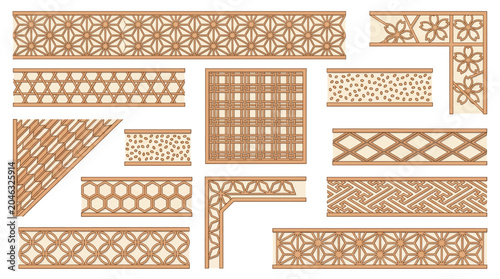 Japanese Shoji Screen Kumiko Woodwork Geometric Border Frame Vector Set with Asanoha Hemp Leaf Kagome Bamboo Yabane Arrow Kikko Tortoiseshell and Japandi Design