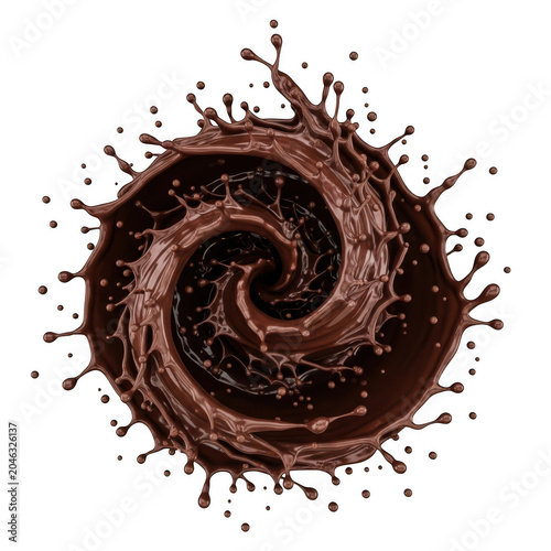 Dynamic spiral swirl of liquid melted milk chocolate with splashing droplets and ripples isolated on a transparent background