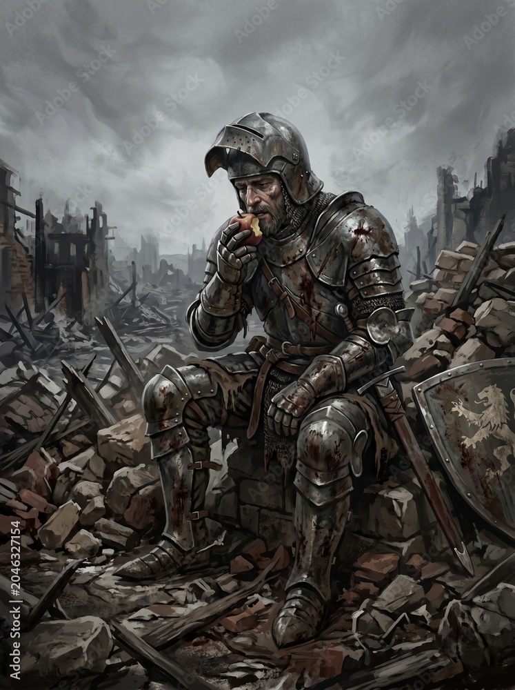 Naklejka premium Warrior's Reprieve: A battle-worn knight in stained armor sits amidst the ruins of a devastated city, taking a moment of quiet contemplation as he eats a piece of food.
