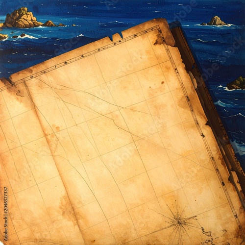 Vintage Nautical Chart Overlaying a Dramatic Ocean Landscape.
