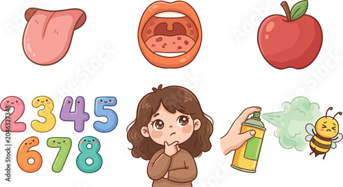 Schilderij op canvas Cartoon vector illustration sticker set featuring sore throat open mouth human t