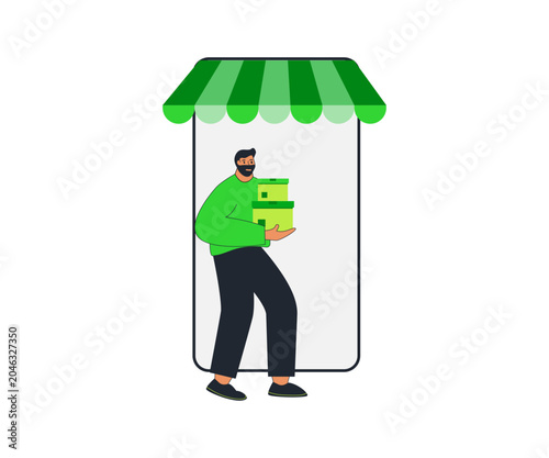 Online Shopping Delivery. A man holding packages walks out of a smartphone screen that resembles a store with an awning, representing e-commerce and delivery services.