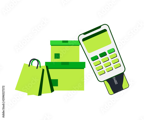 Card Payment for Goods, A retail scene featuring green shopping bags, stacked boxes, and a payment terminal with a credit card inserted, illustrating an electronic transaction for purchased items.