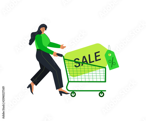 Shopping Cart with Sale Tag, A woman pushes a shopping cart with a large green sign that reads SALE and a discount tag, indicating a shopping promotion.