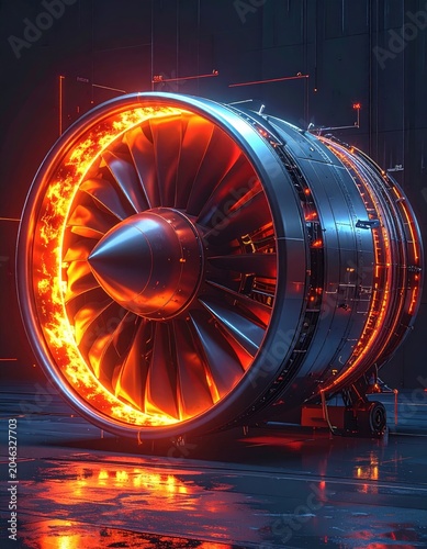Close-up of a powerful jet engine with glowing hot flames and intricate details.