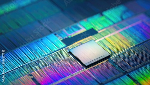 Close-up of a Silicon Wafer with Integrated Circuits and Colorful Reflections.