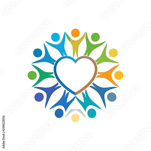 A heart surrounded by diverse, multicolored human figures in circular formation