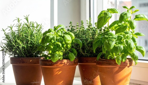 Fresh Herbs Growing in Terracotta Pots on a Sunny Windowsill.
