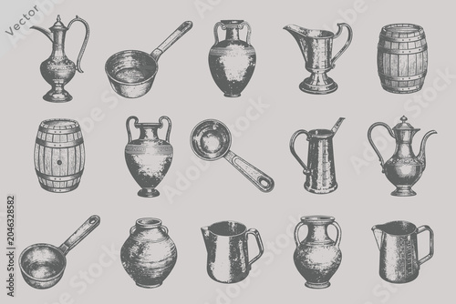 Konstfotografi Retro Old Fashioned Household Collection Vector Illustration Featuring Antique K