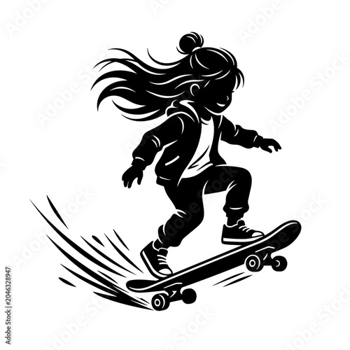 Dynamic graphic illustration of a spirited young girl expertly riding her skateboard, capturing the exhilarating essence of youthful energy and outdoor activity