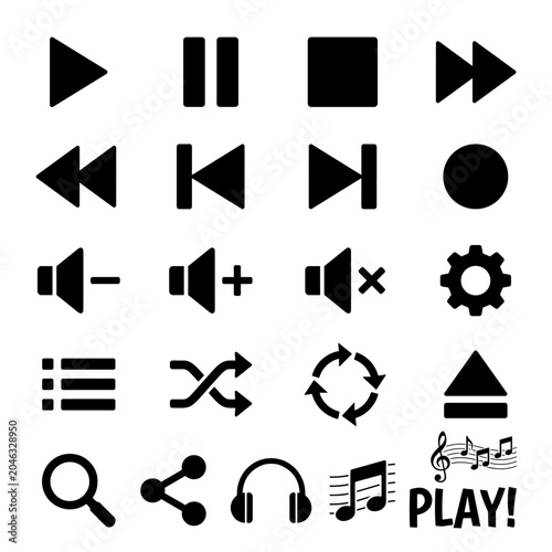 Collection of Media Player and Audio Control Icons Featuring Play, Pause, Stop, Skip, Volume, Shuffle, Repeat, Eject, Search, Share, Headphones, Music Notes, and Play Button