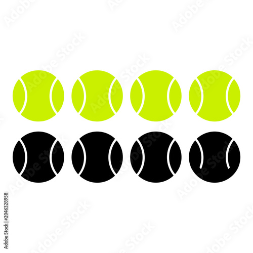 Set of eight vibrant tennis balls, four bright neon green and four stark black, arranged in two equal rows, symbolizing sport and competition