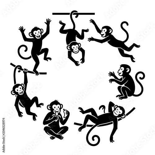 Creative and playful seven monkey silhouettes arranged in a circular pattern, symbolizing fun and agility in a black and white illustration