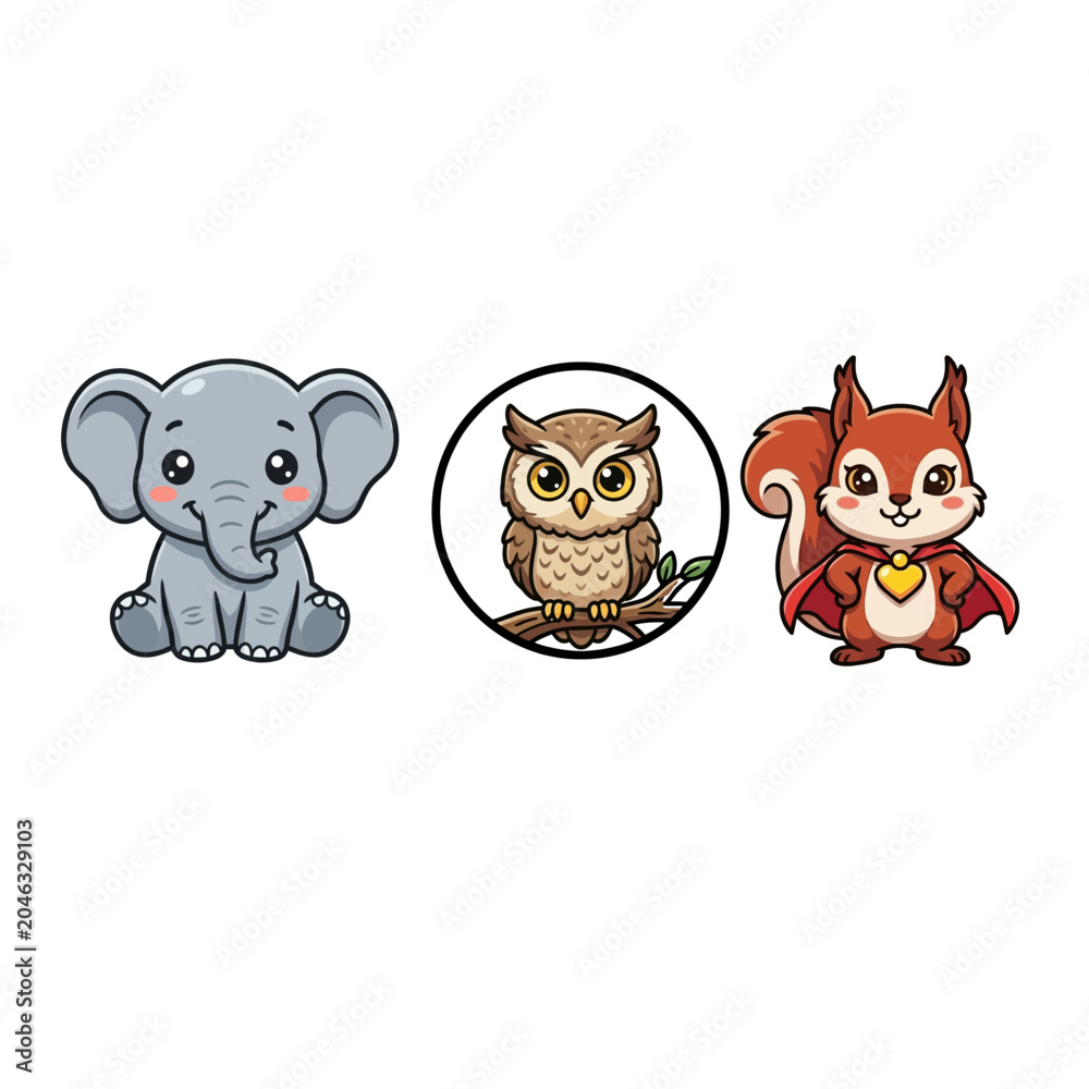 Fototapeta premium Cute cartoon animal character sticker and vector mascot set