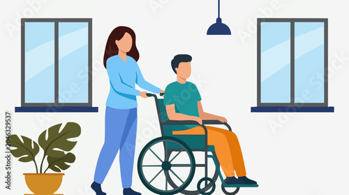 Woman pushing man in wheelchair indoors, illustrating care and support