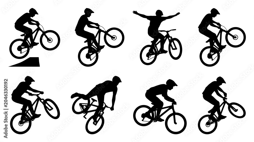 Obraz premium Silhouette illustrations of cyclists in various poses.