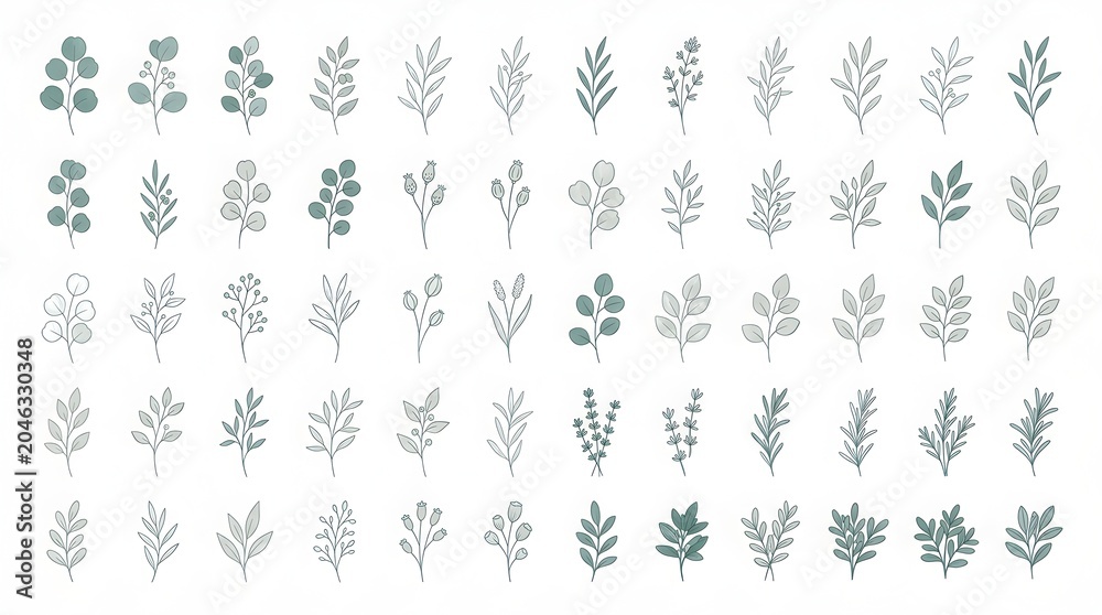 Fototapeta premium Large Collection of Hand Drawn Botanical Branch Sketches, Minimalist Floral Foliage Icons for Wedding Invitations and Logo Design