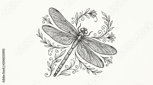Bild auf Leinwand Detailed Dragonfly Illustration with Floral Elements.