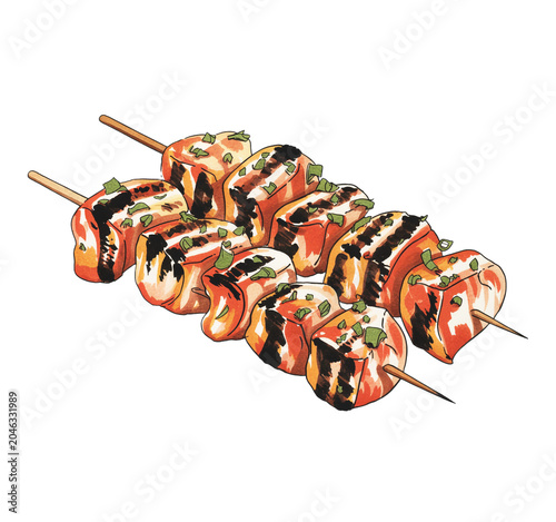 Grilled salmon skewers with green herbs on top   isolated on transparent background