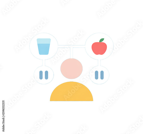 Infographic of a person with icons of a glass of water and an apple connected to a balance scale  isolated on transparent background