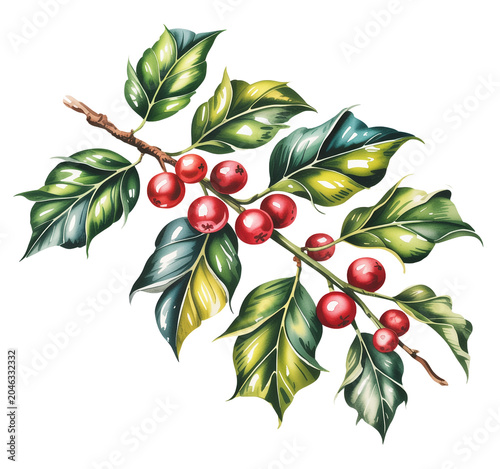 Holly branch with green leaves and red berries   isolated on transparent background