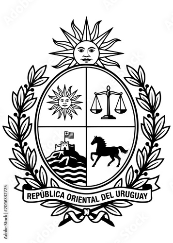 National Coat of Arms of Uruguay - República Oriental del Uruguay Black and White Vector Illustration, Heraldic Symbol Line Art