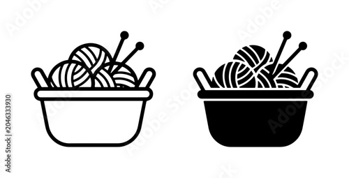 Bild auf Leinwand Knitting Basket Icons, Yarn Balls and Needles, Crafting Supplies Vector Set, Han