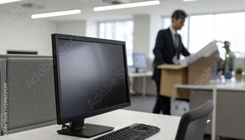 A man in a suit carrying a cardboard box, walking away from an office cubicle with a computer monitor on the desk. The scene suggests a departure or downsizing