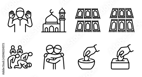 Islamic Icons Set: Mosque, Prayer, Charity, Community, Ramadan, Eid, Worship, Faith, Culture, Religion