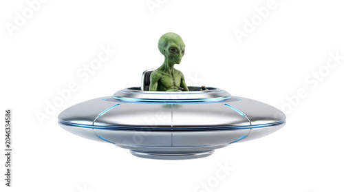 Obraz na płótnie Alien in flying saucer isolated on a transparent background, extraterrestrial life exploring space