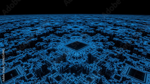 Abstract Glowing Blue Digital Circuit Board Cityscape Background