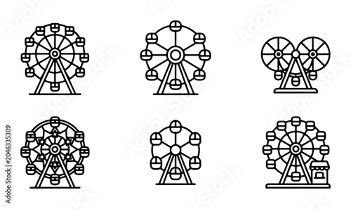 Bild auf Leinwand Ferris Wheel Icons Set, Amusement Park Rides, Carnival Attractions, Vector Graph